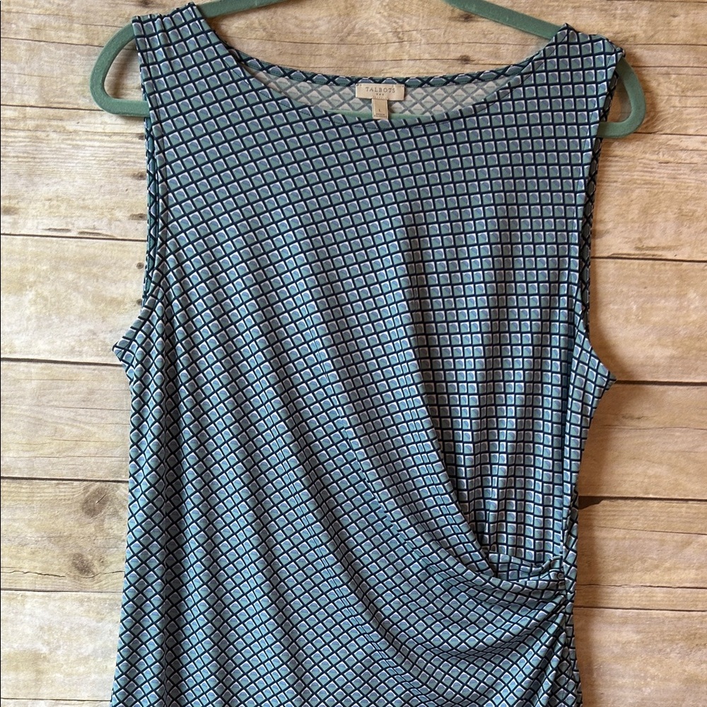 Talbots Teal and Black Geometric Sleeveless Knot-Detail Dress